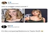 88-> @positionses who is a bigger artist overall ? jiari @jiarisunshine It's like comparing Madonna to Taylor Swift