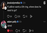 + jessicalynndiaz ❤ 22h If LeBron wants a 5th ring, where does he need to go? 34 Q225 6 12 adam.pally ❤ 10h Jared + 874 Q15 65 2 > 13