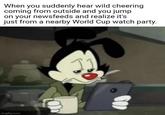 When you suddenly hear wild cheering coming from outside and you jump on your newsfeeds and realize it's just from a nearby World Cup watch party. imgflip.com