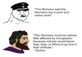 "The Romans said the Germans are a pure and native race!" "The Germans must be natives little affected by immigration. because nobody would leave Italy, Asia, or Africa to go live in their s-------." - Tacitus