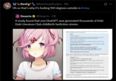 Ren!! @KetchoopStudios - 19h Oh so that's why it's f------ 100 degrees outside rn #okay Dexerto @Dexerto - 21h A study found that one ChatGPT user generated thousands of Doki Doki Literature Club childbirth fanfiction stories www CHATBOT (5 Monk placing a conoring hand on Nank's shoulder) "strong, Nauki o'