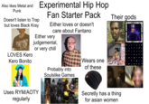 Also likes Metal and Punk Doesn't listen to Trap but loves Black Kray IRAN MAIDEN LOVES Kero Experimental Hip Hop Fan Starter Pack Either loves or doesn't care about Fantano Either very judgemental, or very chill T H G R Their gods ETROCITY EXHMET Yay DANNY BROWN DANNY BROWN Exmilitary OCITY EXINGTION your Kero Bonito Probably into Soulslike Games Uses RYM/AOTY regularly Wears one of these Secretly has a thing for asian women