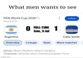 What men wants to see FIFA World Cup 2026™> Round of 32 Follow 0 O FULL-TIME 1 Sun., 5 Jul Argentina Cabo Verde Overview Lineups Stats More matches Venue: Miami Stadium, Miami Gardens Timezone: All times are in Central European Time imgflip.com
