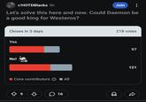 r/HOTDBlacks 5h Join Let's solve this here and now. Could Daemon be a good king for Westeros? Closes in 3 days Yes No! Core contributors → ◇ 9 16 All 218 votes 97 121