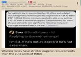 1/1 CmyhwmXU (OP) NO 2h (05/19/26 14:36) 535377387 86 Re 7 Img JPG 266KB (875 × 641) Screenshot_20260519_143406_X.jpg 25 Replies During World War II, standard Waffen-SS officer and enlisted recruit height requirements typically ranged from 5'7" (1.70 m) to 5'10" (1.78 m). Stricter minimums applied to elite units, such as 5'10" for Hitler's personal bodyguard (Leibstandarte), but these physical standards were significantly relaxed as manpower shortages worsened later in the war. - Wikipedia +2 Sara @SaraSaturns. 1d Replying to @overdrivenangel I'm 5'4. If he's not at least 6'0 he's not a real man. Women today have stricter eugenic requirements than the elite units of Hitler