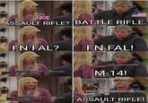 E ASSAULT RIFLE? BATTLE RIFLE. FN FAL? FN FAL! imgflip.com M-14! E ASSAULT RIFLE!