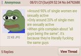 : Anonymous 22 KB JPG 08/01/21(Sun)09:52:34 No. 64792688 >Around 90% of single women are sexually active >Only around 20% of single men are sexually active >When girls complain about "all guys being the same", it's because they're literally f------ the same guys 5 Replies View Thread