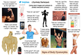 "How do I improve? Cut more bodyfat? I'm at 5% right now." OnlyFans Anterior Pelvic Tilt r/Gymhelp Starterpack (Using stock images and cartoons to protect everyone's privacy) "How do I get this look?" (it's someone with a completely different body type than OP) There's always that one guy who's bulking like a grizzly bear during a salmon run "How do I get abs?" Weak abdominal muscles cause posture problems (Female OP) "I just want to be toned, but I'm afraid I'll get too bulky..." "Yeah I just started lifting, I'm sixteen. Am I small? I feel small." "Elite genetics" PRO SERIES PRE WORKOUT EPROTEIN "I keep eating chicken breast and nothing's happening" "How do I achieve this body type without taking steroids?" A worryingly high percentage of posters are kids who haven't even finished puberty yet "Is this gyno?" (It's just a normal dude chest) omweb.com Signs of Body Dysmorphia Adult and Child BMI Calculator Calculate BMI for Adult Age 20+ Weight: pounds Height: inches BMI Status 18.4 Underweight 18.5-24.9 Normal 25.0-39.9 Overweight ≥ 40.0 Obese "Am I skinnyfat? My stomach isn't flat"