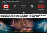 FIFA World Cup 2026™ › Round of 16 Canada Follow 0 Full-time 3 Today ☆ Morocco A. Ounahi 50', 82' S. Rahimi 90+8' Morocco scoring 3 goals in 2nd half after playing absolute dogsh!t in the 1st u/Nanaue7 How about that?
