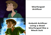 Warforged Artificer Kobold Artificer using a dead Warforged like a Mech Suit