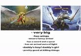 WARHAMMER COMMUNITY WARHAMME AGE OF SIGMAR - very big -has wings -wears fancy armor -has a sword and a spear - has an actual aura of light -daddy's boy/ daddy's girl - pretty good at killing things
