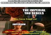 WHEN THE IMPERIAL REBELS HELP OVERTHROW THE TAU AND REJOIN THE IMPERIAL THE IMPERIAL TAU REBELS You have freed us! IMPERIUM Oh, I wouldn't say "freed", more like "under new management." WITH WORST imgflip.com LIVING CONDITIONS
