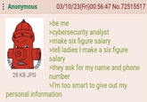 : Anonymous 28 KB JPG 03/10/23(Fri)00:56:47 No.72515517 >be me >cybersecurity analyst >make six figure salary >tell ladies I make a six figure salary >they ask for my name and phone number >I'm too smart to give out my personal information