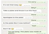 I'm sorry 02:18 PM It's not that easy 02:18 PM Why? 02:18 PM Take a plate and throw it on the floor Apologise to the plate 02:19 PM 02:19 PM Done 02:19 PM Done 02:10 PM Is the plate like it was before? 02:19 PM Don't lie 02:19 PM Yeah 02:19 PM I'm not lying. The plate was made of plastic. 02:20 PM