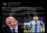 Fanbrizio Rovaldo @FabrizioRomaxno Parody account BREAKING: FIFA Pres Gianni Infantino could face demotion from his position and and fines of up to £5m if the allegations are true. He stands accused of allegedly ordering match officials to favor Argentina since 2022 FOO C 10