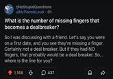 r/NoStupidQuestions u/MyPianolsLoud • 6h What is the number of missing fingers that becomes a dealbreaker? So I was discussing with a friend. Let's say you were on a first date, and you see they're missing a finger. Certainly not a deal breaker. But if they had NO fingers, that probably would be a deal breaker. So... where is the line for you? 1,168 ♡ 437 Д