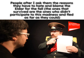 People after I ask them the reasons they have to hate and blame the Eldar for the fall (the ones that survived are the ones who didn't participate to this madness and fled as far as they could) Enquètes de reportage