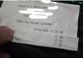 V/C# 12 10200 70920- McDonald's Restaurant TEL# Thank You Valued Customer 07/04/2026 01:33 PM tal Total 17.66 0.10 17.76