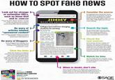 HOW TO SPOT Fake news Look out for strange or unfamiliar URLs, such as those that end in .com.co Check the site's "About" section-if it has one. Often, you'll find clues to whether the site is legitimate and whether it follows acceptable editorial standards, Be wary of articles labeled "sponsored content" Such content typically means a company, organization, or perhaps even a government entity paid for it. Be wary of Bloggers Some bloggers lack expertise on a subject. Check blog posts against coverage of the same topic in the mainstream media. Click the links H Much like citations in a research paper, links are supposed to provide clear evidence that supports the claims a journalist wants to make. When you see a link, click it to see if it really supports what the writer had to say. Also, see if it links to an outside source or if it's linking to another post or piece by that same author. JimmyRulesTheUniverse.blogspot.com.co X JIMMY RULES THE UNIVERSE BLOG SPONSORED CONTENT Colleges banned from charging students for parking By Jimmy Fake According to Eake News Incorporated, the Supreme Court recently ruled that public colleges and universities can no longer charge their students for parking. Fake News Hub reported that charging college students for parking violates the Eighth Amendment because the parking fee is seen as excessive and should be included with tuition. Blased Broadcasting will be televising this announcement along with special guest commentators discussing why this fee isn't excessive since most college students have their parents pay for everything. Contact your local college's journalism department for more details on this story. in J Consider the source Is it legitimate and trustworthy? What do searches on the authors' names tell you about their qualifications? Legacy media, like the Washington Post and New York Times, as well as major network news (ABC, CBS, NBC) tend to have more credibility. Search the topic Do an Internet search for any other stories on the topic, using keywords. The more stories you find on a topic, the more likely it is that the story in question has some ment. Check the root sources Good stories will have multiple root sources, with various publications, websites and television broadcasts all using their own reporting with multiple, varied sources to confirm information. If you rely on stories with many quality sources, it will help you separate the weaker pieces from the stronger ones. Watch for bias Are the writers fair and impartial, or are they promoting their own views or those of a political party, pressure group, or other entity? Dylanks of NEWS VINCENT FILAK REPORTING & WRITING "Sources Dynamics of News REPORTING & WRITING Vincent F. FILAK and the editors of PCO RESEARCHER CEPRESS When in doubt, don't cite Don't use information in an assignment, broadcast it on social media, or tweet it in a way that implies it's true if you suspect that it is not. Nothing kills fake news faster than healthy skepticism and a commitment to quality research. SSAGE Publishing