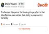 → Showerthoughts Join Posted by minetube33 6 days ago • reddit The funniest thing about the Dunning-Kruger effect is that lots of people overestimate their ability to understand it correctly. 4.8K upvotes Comment Copy link View 143 comments