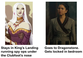 Stays in King's Landing running spy ops under the Clubfoot's nose Goes to Dragonstone. Gets locked in bedroom