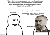 imgflip.com "Days since doctors declared that your foreskin was f----- up and your d--- didn't work properly and they believe it drove you insane and led to you shooting the president." what? "I saved my party and my land But they have murdered me for it I expect to see most glorious things Beyond all earthly conception When I am with the Lordy" "Also 52,606"