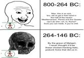 800-264 BC: Man, this is so sick, bro, we've got a free hand in the half of the heckin Mediterranean. Persia and the Greeks can't do s----oh, hi, Rome? Sure you can trade, if you're chill. 264-146 BC: By the grace of Melqart, I never thought it'd be these chicken-herding Italic, podunk hicks that did us in.