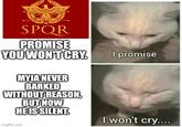 SPQR PROMISE YOU WON'T CRY. MYIA NEVER BARKED WITHOUT REASON, BUT NOW HE IS SILENT. imgflip.com Add I promise I won't cry....