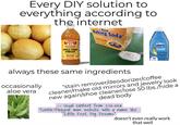 Every DIY solution to everything according to the internet BRAGG Pure Baking Soda America's #1 Trusted Baking Soda Brand Hundreds of uses like: bo for Boking DAWN 50% LESS SCRUBBING ORGANIC RAW-UNFILTERED APPLE CIDER VINEGAR Your daily dose of wellness MOTHER UNPASTEURIZED 16 FL OZ (PT) 473 38 FL OZ always these same ingredients occasionally aloe vera "stain remover/deodorizer/coffee cleaner/make old mirrors and jewelry look new again/shoe cleaner/lose 50 lbs./hide a dead body Usual content from 2010-era Tumblr/Blogspot mom website with a name like "Little Feet, Big Dreams" doesn't even really work that well