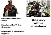 Defeats Saladin at Arsuf One guy with a Survives the Third Crusade crossbow Becomes a medieval legend