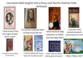 A traumatized eldest daughter (with a library card) favorite childhood media litle Princess A Series of Unfortunate Events starterpack Book the First by LEMONY SNICKET *THE BAD BEGINNING* GAIL CARSON LEVINE Ella Enchanted OVER 20 MILLION COPIES SOLD! REDWALL WHERE LEGENDS ARE MADE BY Frances Hodgson Burnett 1LLUSTRATED BY Tasha Tudor "I have to stay strong and imagine a better life for myself" "no one ever believes them, so they're just like me" sone of the cloness BOOKI ALANNA The First Adventure QUEE QUEEN'S OWN by Mercedes Lackey "she's forced to obey everyone, no matter how she really feels" BRIAN JACQUES "I just want to live somewhere peaceful where everyone is kind” JANE FYRE -THE CHRONICLES OP- NARNIA "someday someone is going to love me too." ~TAMORA PIERCE~ "I have to believe that a pure heart can triumph over evil" "i like it when evil fails to destroy good and panics" DISNEY Tangled "OMG LITERALLY ME?”