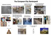 Cobblestone everywhere The European City Starterpack Irregularly shaped and Narrow-ass footpaths Lack of clear signage/direction in critical areas eg. airport terminals and train stations Four Horsemen of every Souvenir Shop Men standing out front of their stores in the middle of the day (bonus points if theyre blocking the entrance) Dining outdoors on insane street gradient BRUSSELS Brussels BELG *random poop smell* Bike lanes out of nowhere No bathroom ventilation whatsoever (bonus points for exhausts fans in hotel bathrooms that can't be switched on) This is the only "table water' we serve (€4) ACQUA PANNA castles 10