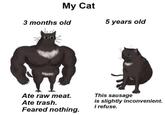 My Cat 3 months old 5 years old Ate raw meat. Ate trash. Feared nothing. This sausage is slightly inconvenient. I refuse.