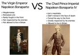 The Virgin Emperor The Chad Prince Imperial Napoleon Bonaparte VS Napoleon Bonaparte IV > Megalomaniac > Retreated a lot > Rarely fought in the front > Not respected by his enemies > Not allowed to live in Britain >Just a nepobaby > Didn't retreat in the face of death > Forced his way to the front > Greatly respected by his enemies > Allowed to live in Britain