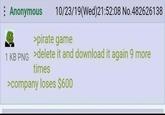 : Anonymous 10/23/19(Wed)21:52:08 No.482626138 >pirate game 1 KB PNG >delete it and download it again 9 more times >company loses $600