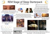 1 REM Stage of Sleep Starterpack 25% of total sleep Awake REM wwwwww REM stands for "rapid eye movement" - exactly as it sounds: in this stage eyes will dart quickly behind closed eyelids. posterior parietal cortex & the posterior cortical "hot zone" - these main areas and others generate sensory experiences of dreams - some of the hippocampus, amygdala & rest of the limbic system are active too - to help process emotions and distressing experiences, emotional regulation and filing away of memories. brain wave activity ramps back up to a level similar to being awake the part of the hippocampus that processes and saves memory can't do that with dreams because of some parts that remain inactive during REM so that's why we tend to forget them so quickly after waking up - short explanation Wakefulness your dreams happen here Sleep Stages Across the Night REM Sleep N1 Sleep N2 Sleep N3 Sleep Cycle 1 Cycle 2 Cycle 3 Cycle 4 Cycle 5 Seniors Plus 11 pm 12 am 1 am 2 am 3 am 4 am 5 am 6 am 7 am you will reach REM 4-6 times in night, depending on how many full sleep cycles you go through morning dreams are the longest S parts of the prefrontal cortex or the more logic. center of the brain are shut down, which could explain some of the bizarre absurdity of dreams muscle atonia, which prevents you from acting out your dreams - when this hasn't lifted soon enough before you wake, then you experience sleep paralyisis - can be scary although temporary