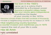 Anonymous 02/03/20(Mon) 16:20:55 No.819889946 >be born in the 1920's >grow up in a colony that's controlled by a European power >become a powerful military leader after your country gains independence 121 KB PNG > overthrow the leader of your country in the 1970's >become a brutal dictator that kills hundreds of thousands >invade a neighbouring country for no reason in 1978 >that neighbouring country launches a counter invasion and overthrows you in 1979 >spend the rest of your life in exile >be Idi Amin >pic unrelated imgflip.com