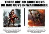 THERE ARE NO GOOD GUYS OR BAD GUYS IN WARHAMMER. Fights for a democratically elected ruler who protects all of his subjects and takes in those from all dynasties without prejudice or bigotry. imymp.com Fights for a brutal hereditary feudal hierarchy that views the lower classes as expendable and kills fellow necrontyr over petty dynastic grudges.