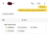 I don't drink ☑ R My interests □ : Great Which wine is your favourite? R, 22 Baking ♫ Country Wine Foodie Dogs