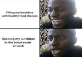 Filling my lunchbox with healthy food choices Opening my lunchbox In the break room at work
