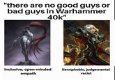 "there are no good guys or bad guys in Warhammer 40k" 777 Inclusive, open-minded Xenophobic, judgemental empath racist