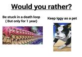 Would you rather? Be stuck in a death loop (But only for 1 year) Keep Iggy as a pet