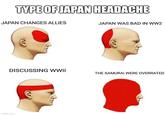 TYPE OF JAPAN HEADACHE JAPAN CHANGES ALLIES JAPAN WAS BAD IN WW2 DISCUSSING WWII THE SAMURAI WERE OVERRATED imgflip.com