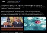 HG Headquarters ❤ @HQNewsNow Cyclosporiasis, the parasite causing the current explosive diarrhea outbreak, is at a level 20x higher than its yearly average. This comes just 1 year after the Trump admin removed a cyclospora tracking mandate from the 'Foodborne Disease Active Surveillance Network.' bus UNUM 10:25 AM 7/9/26 72K Views