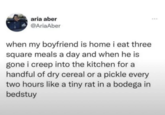 aria aber @AriaAber when my boyfriend is home i eat three square meals a day and when he is gone i creep into the kitchen for a handful of dry cereal or a pickle every two hours like a tiny rat in a bodega in bedstuy ***