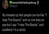 Aemond Did Nothing Wrong @Killgraft 66 So messed up that people can be like “I hate The Greens" and no one bats an eye but I say "I hate The Blacks" and suddenly I'm a racist.