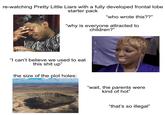 re-watching Pretty Little Liars with a fully developed frontal lobe starter pack "who wrote this??" "why is everyone attracted to children?" "I can't believe we used to eat this s--- up" the size of the plot holes: "wait, the parents were kind of hot" "that's so illegal"