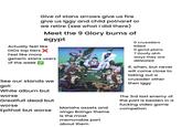 Give of stans arrows give us fire give us Iggy and child polnaref or we retire (see what i did there) Meet the 9 Glory bums of egypt Actually feel like DIOS top tiers ✗ Feel like more generic stans users of the week ✓ O crusaders killed O good plans 7 Goofy ahh ways they are defeated If, when, but never will come close to taking out a crusader other then Iggy See our stands we got: White album but worse Greatfull dead but worse Epithat but worse Mariahs assets and Oingo Boingo theme is the most memorable part about them The 3rd last enemy of the part is beaten in a f------ video game competion