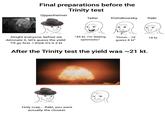 Final preparations before the Oppenheimer Trinity test Teller Kistiakowsky Rabi Alright everyone, before we detonate it, let's guess the yield "I'll go first. I think it's 0.3 kt. "45 kt. I'm feeling optimistic" "Hmm... I'd 18 kt guess 8 kt" After the Trinity test the yield was ~21 kt. Holy crap... Rabi, you were actually the closest.