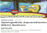 LEGO L What? It's just an ordinary le- imgrup.com LEGO® Icons #11386 New SpongeBob SquarePants: Bikini Bottom $219.99 Pre-order this item today, it will ship from September 1, 2026